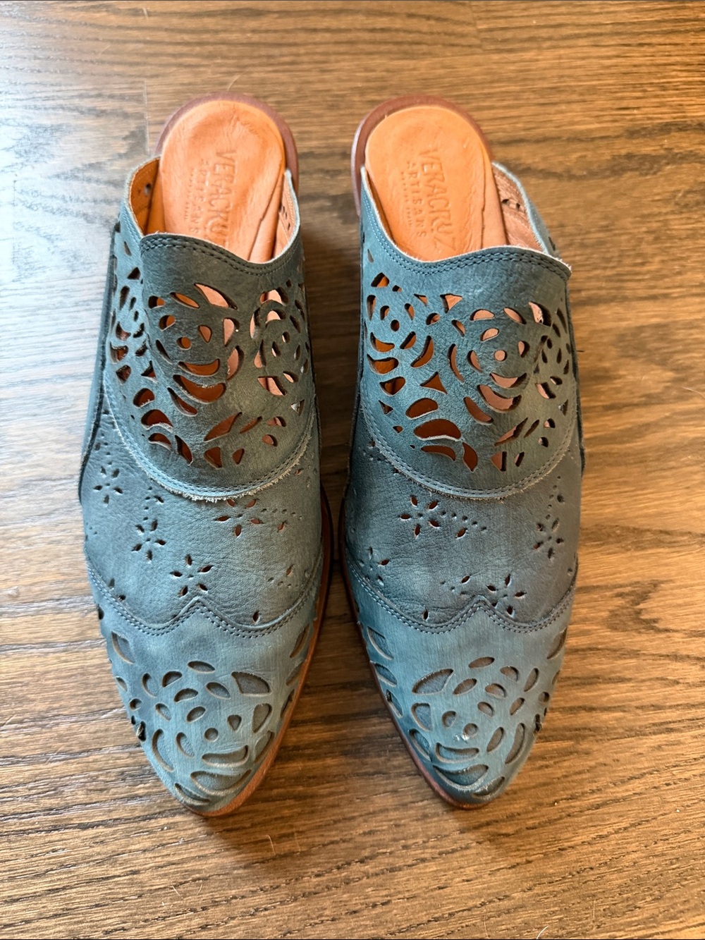 Laser-Cut Suede Slip-On Mules in Teal